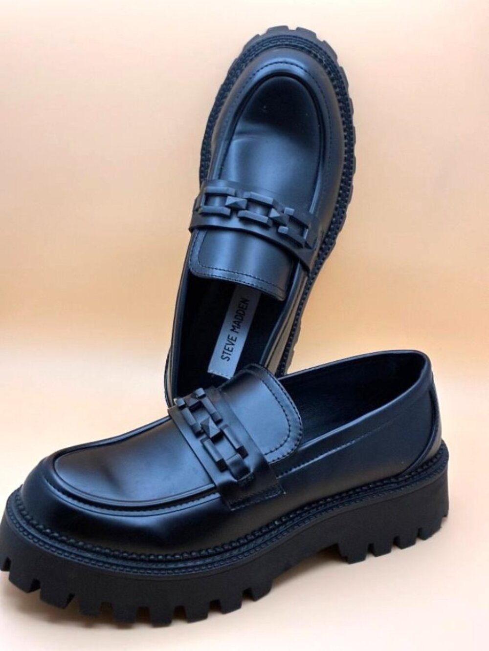Steve Madden Chunky Lug Sole Loafer Shoe Women's Sz 8 Black Chain 2” Heel